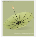 Green High Quality and Fashion Design Wooden Handle 3 Folding 10 Ribs Cool Umbrellas for Rainy and Sunny Days